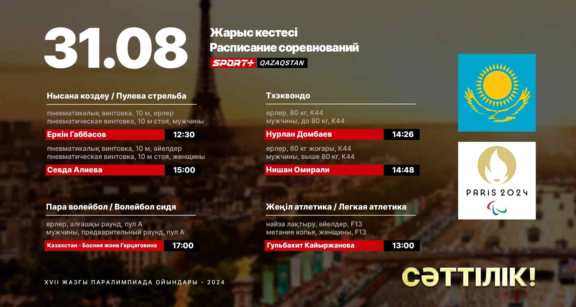 Волейбол, жеңіл атлетика, таэквондо және оқ ату: Қазақстандық спортшылардың Паралимпиадада 31 тамызда өнер көрсету кестесі