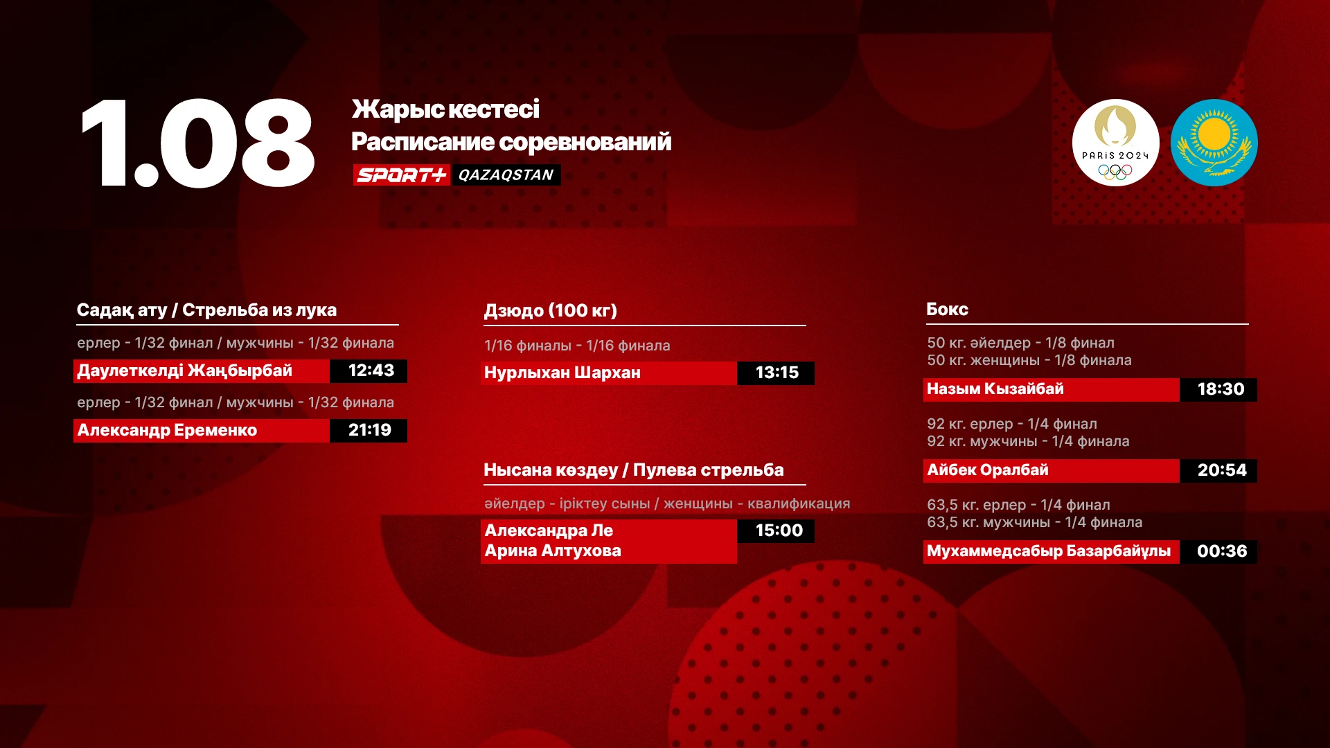 Олимпиада ойындарында қазақстандық спортшылардың 1 тамызда өнер көрсету кестесі