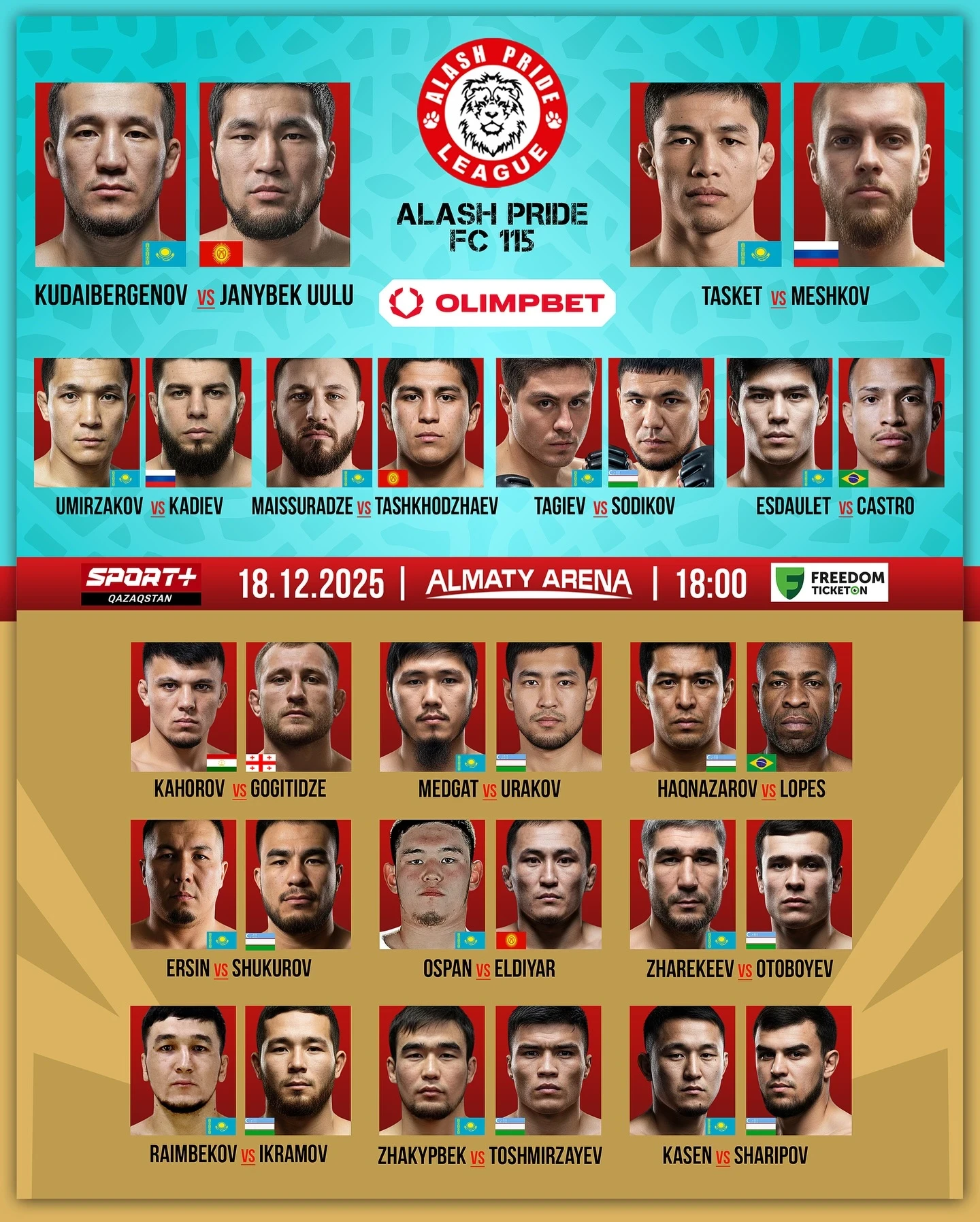 Құдайбергенов, Таскет, Кипиш, Майсурадзе, Хакназаров және басқалар: Alash Pride 115 турнирінің тікелей эфирі