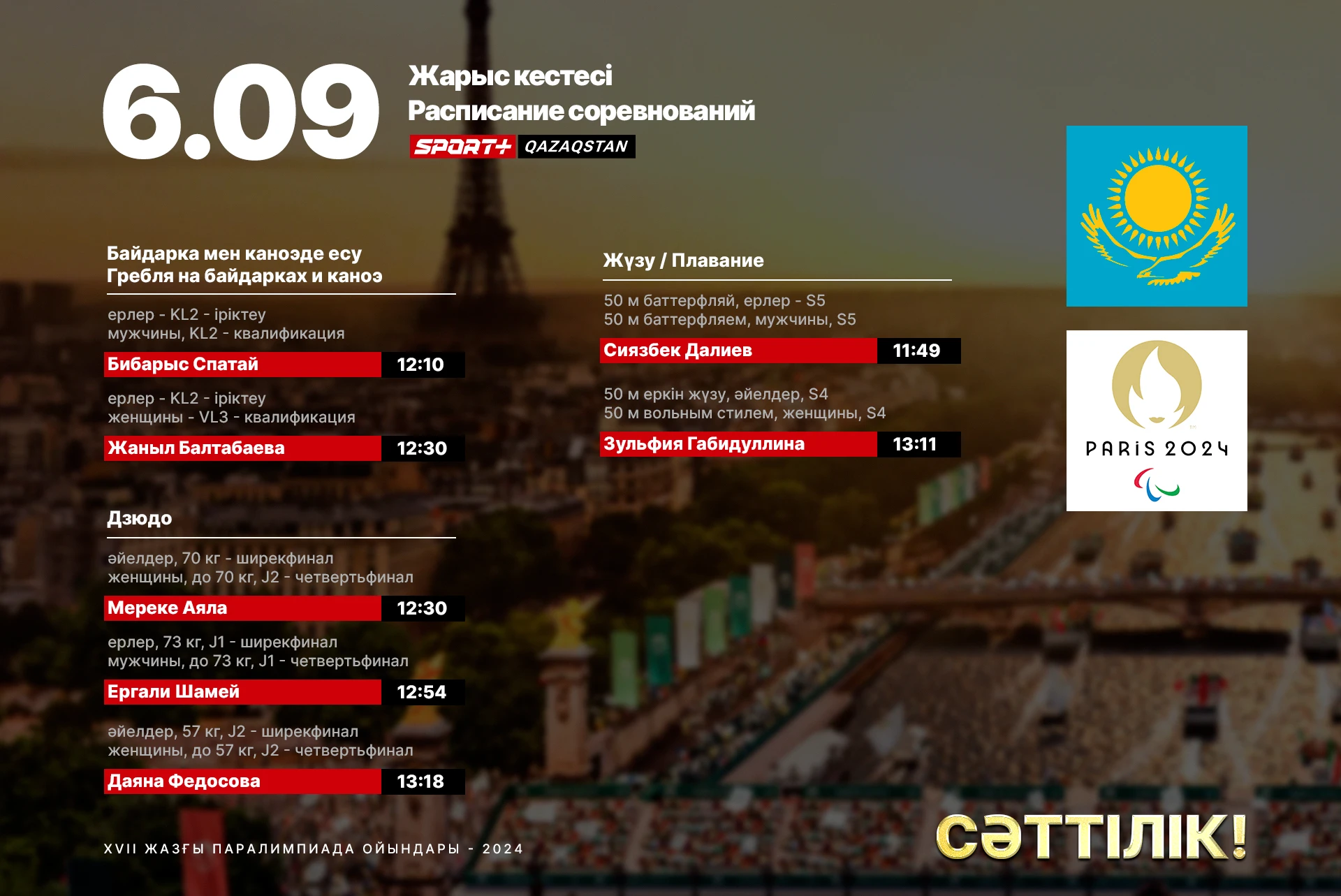 Расписание выступлений казахстанских спортсменов на Паралимпиаде 6 сентября