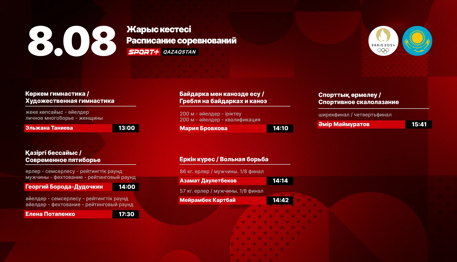 Олимпиада ойындары: Қазақстандық спортшылардың 8 тамызда өнер көрсету кестесі