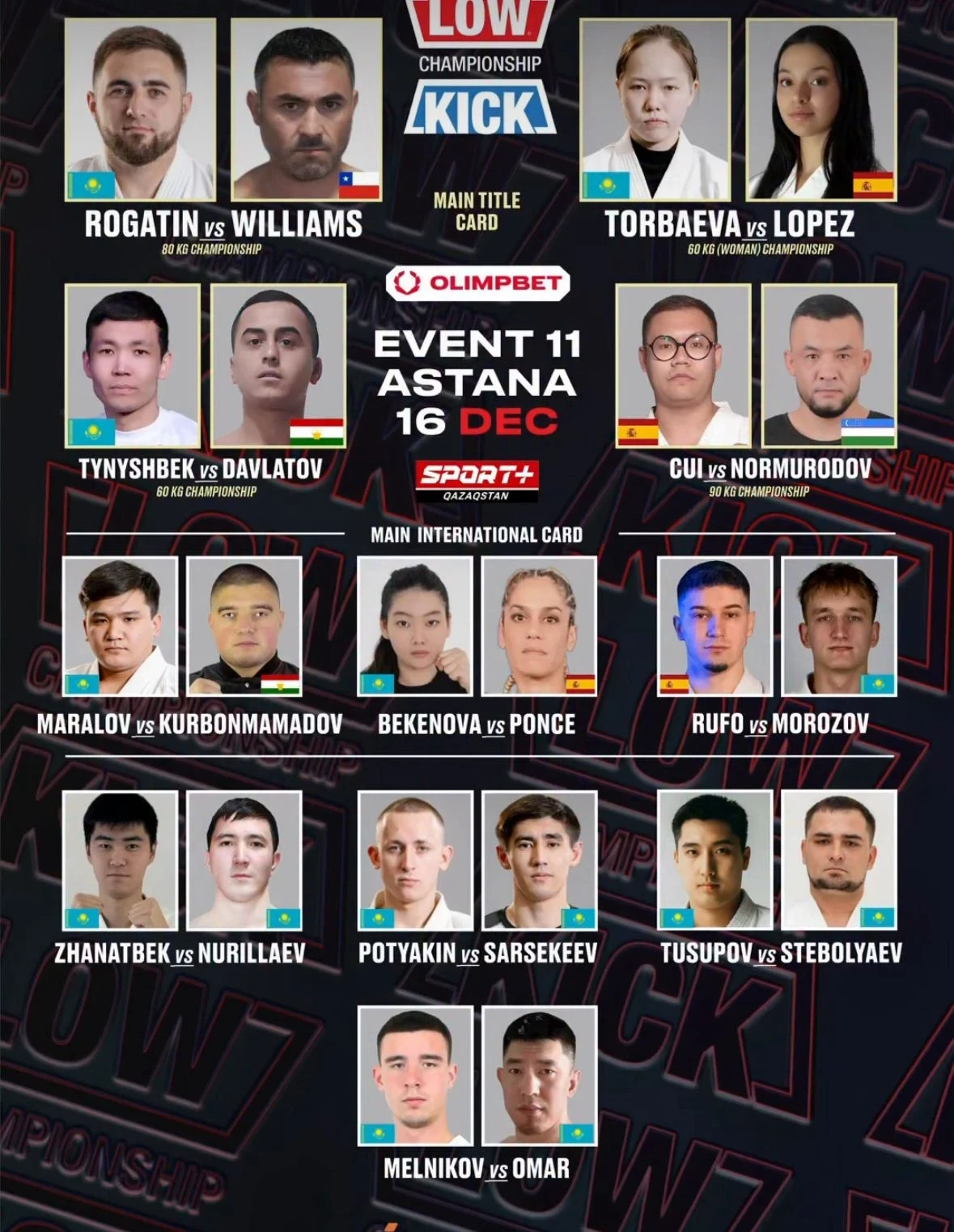 Low Kick 11: Астанада әлемдік чемпиондық үшін төрт жекпе-жек. Тікелей эфир