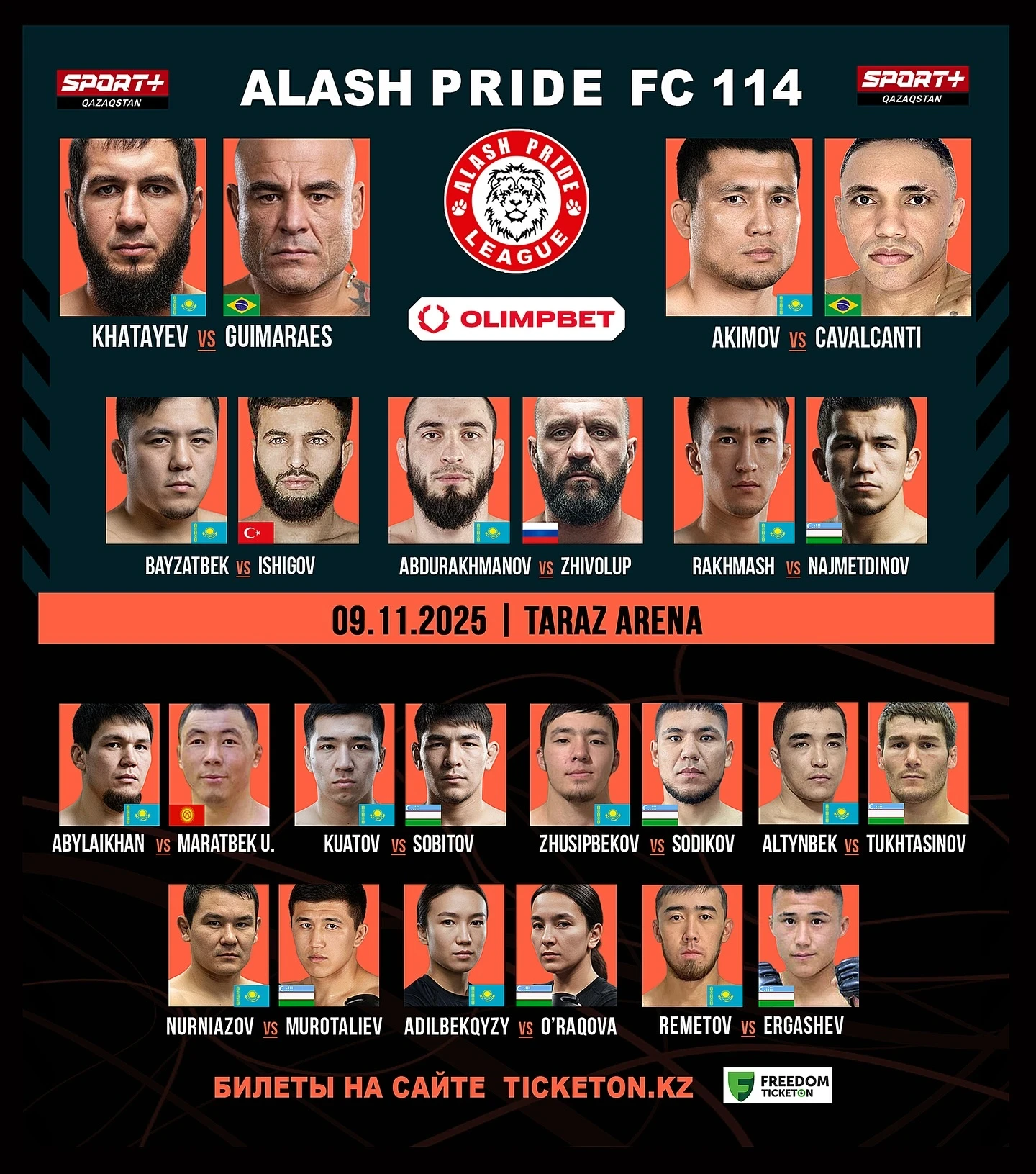 Хатаев белбеуін қорғайды, отандық жауынгерлер бразилиялық қарсыластарға қарсы: «Alash Pride» 114 турнирінің тікелей эфирі
