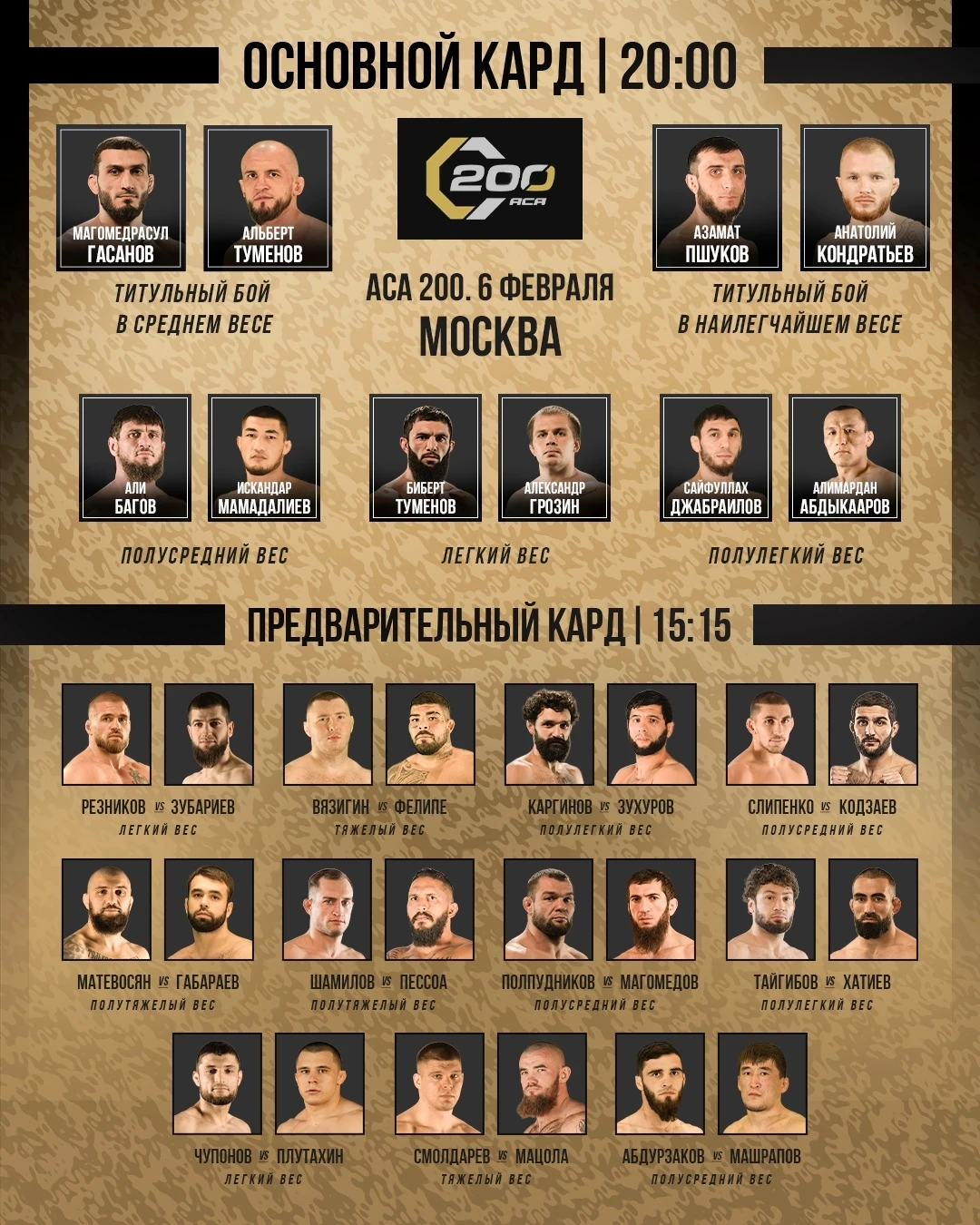 Два титульных боя, два бывших чемпиона NAIZA и Артем Резников. Где и во сколько смотреть турнир АСА 200